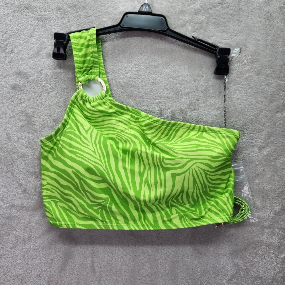 Michael Kors Bikini Womens Sz S Green Apple Zebra One Shoulder Crop Top Swimsuit